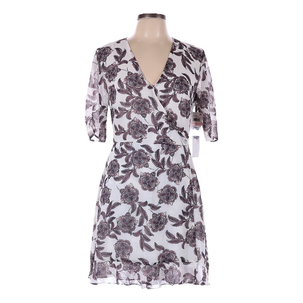 1.State White Floral Boho Chiffon Faux Wrap Mini Dress Size 10 NWT